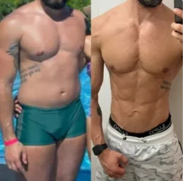 Antes e depois de paciente que ganhou definição muscular com acompanhamento